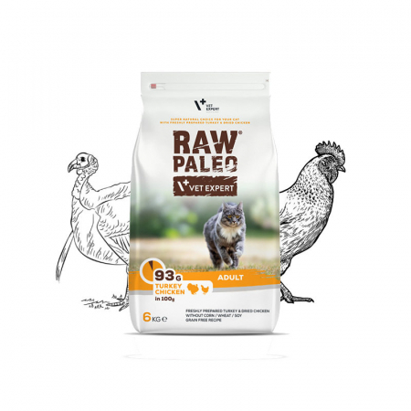 Mancare Pe Rase Pisici - Hrana uscata pentru pisici adulte, RAW PALEO, carne de curcan si pui, 6kg