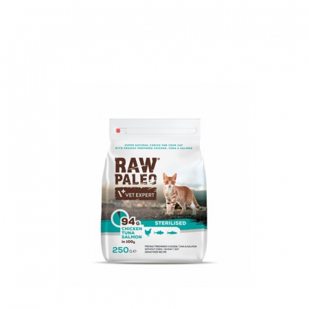 Mancare Uscata - Hrana uscata pentru pisici sterilizate, RAW PALEO, carne de pui, ton si somon, 250g