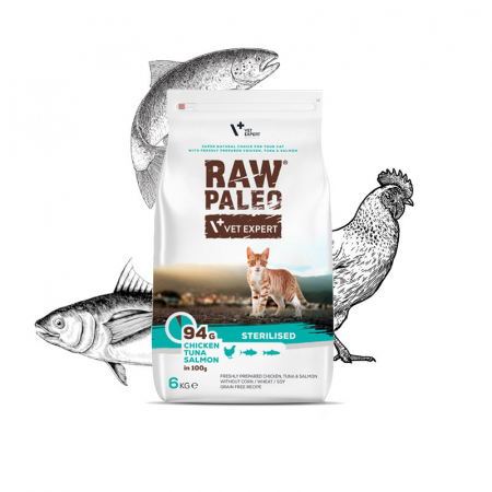 Mancare Uscata - Hrana uscata pentru pisici sterilizate, RAW PALEO, carne de pui, ton si somon, 6 kg