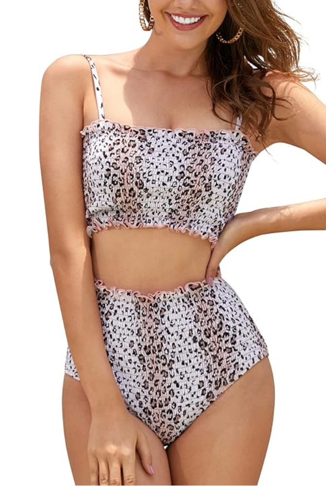 Costum de baie din doua piese pentru femei, model bandeau, cu talie inalta si efect de modelare, SHEKINI, roz, marime S [1]