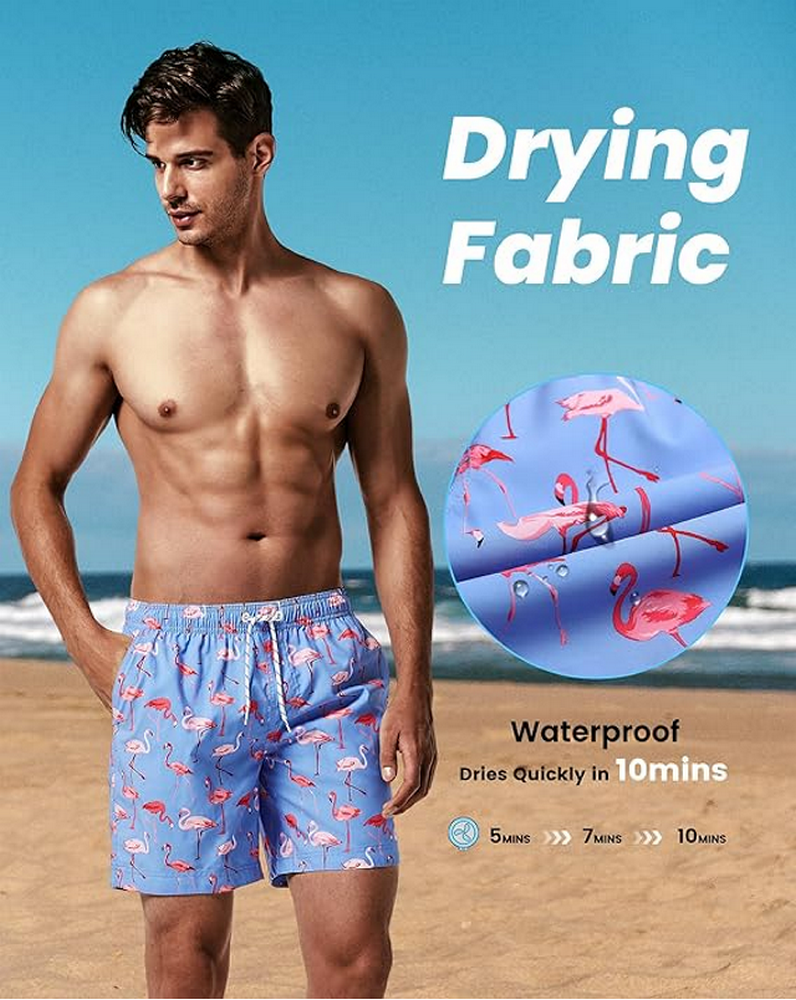 Pantaloni scurți de baie pentru bărbați, uscare rapidă, cu buzunare, MaaMgic, albastru deschis, model cu flamingo, marime XL [4]