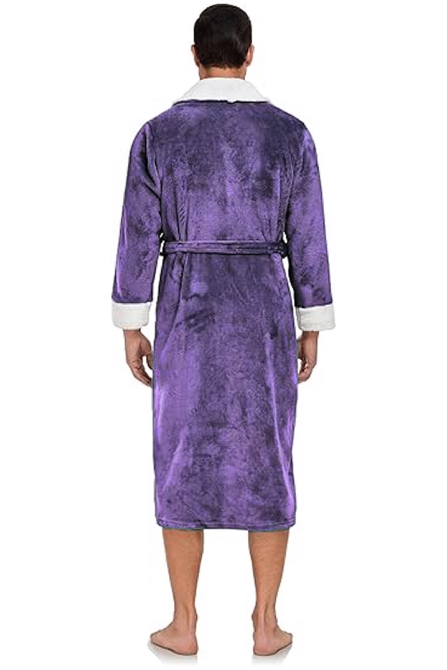 Halat de baie luxos pentru bărbați, din fleece moale cu guler tip șal – lung, călduros și confortabil, cu buzunare, violet, Marime XL [2]