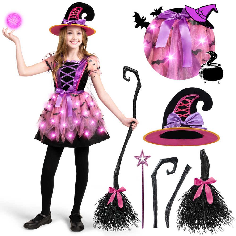 Costum de Vrajitoare Deluxe cu Palarie, Rochie cu Tutu si Bagheta Magica, Ideal pentru Halloween si Petreceri Tematice, marime M (8-10 ani) [3]