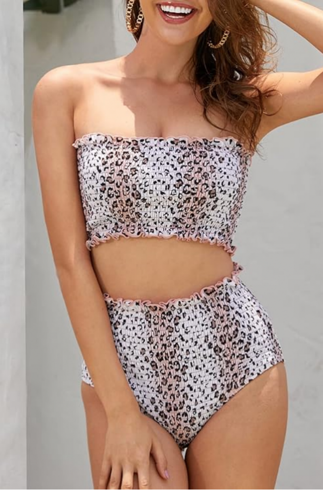 Costum de baie din doua piese pentru femei, model bandeau, cu talie inalta si efect de modelare, SHEKINI, roz, marime S [3]