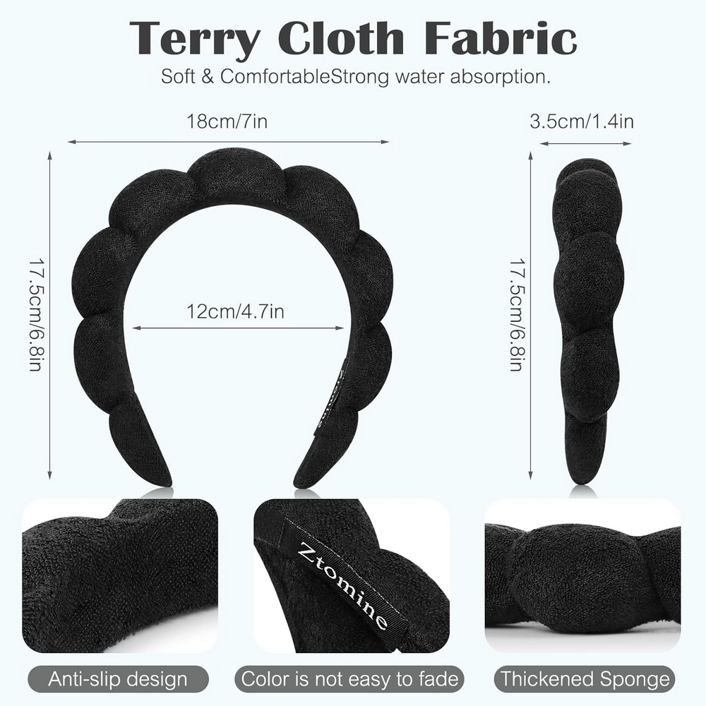 Bentiță Spa din Bumbac, Accesoriu pentru Spălarea Feței, Machiaj și Tratamente Faciale, Moale, Absorbantă și Reutilizabilă, negru [4]