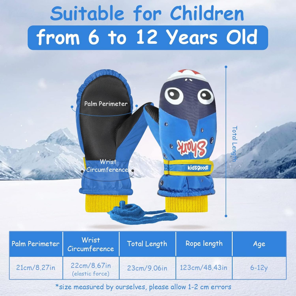 Manusi pentru copii, model cu un singur deget, manseta elastica si prindere reglabila, waterproof, imprimeu cu rechin, albastru, marime 6 – 12 ani [5]