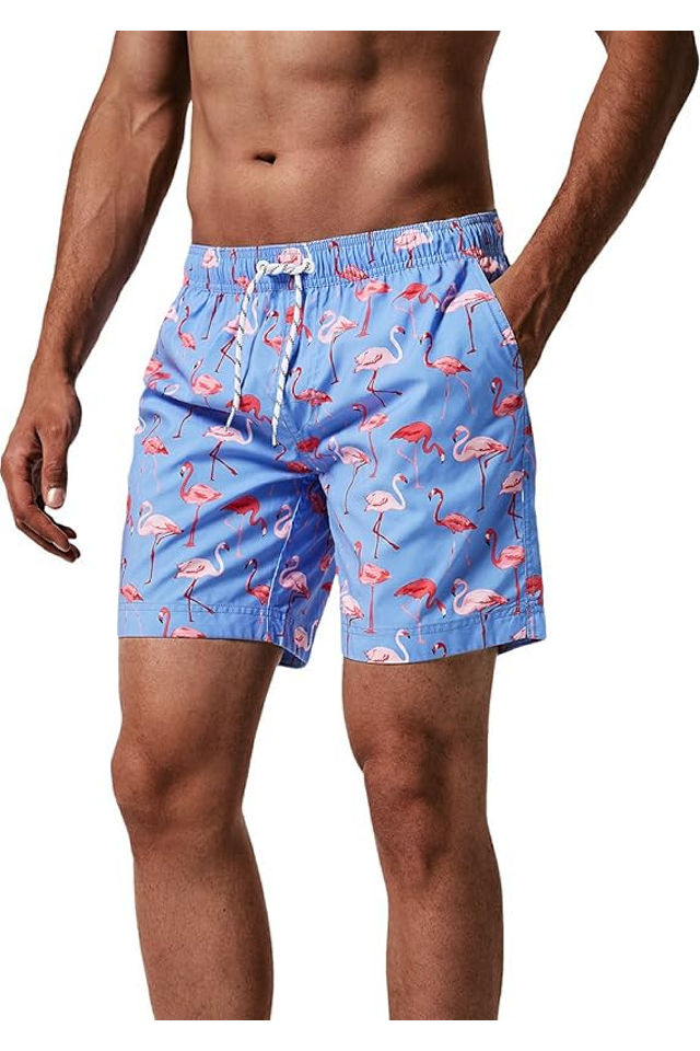 Pantaloni scurți de baie pentru bărbați, uscare rapidă, cu buzunare, MaaMgic, albastru deschis, model cu flamingo, marime XL [1]