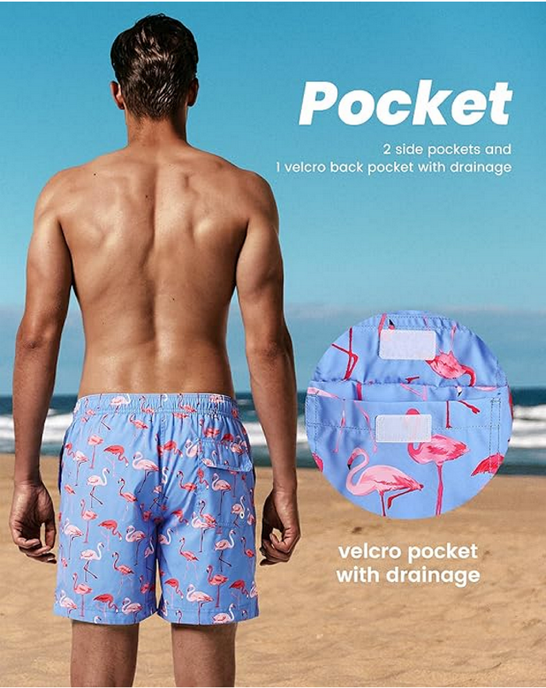 Pantaloni scurți de baie pentru bărbați, uscare rapidă, cu buzunare, MaaMgic, albastru deschis, model cu flamingo, marime XL [6]