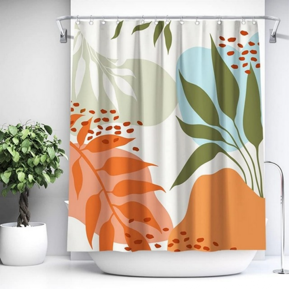 Perdea de dus pentru baie, design modern cu frunze, 180 x 180 cm, din material textil, cu carlige incluse [5]