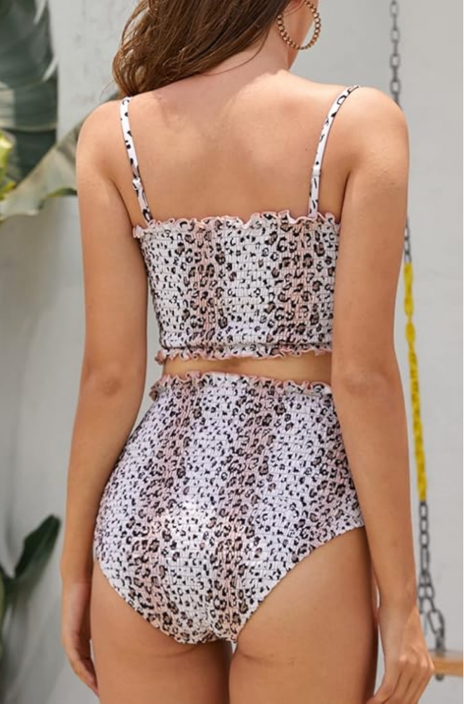 Costum de baie din doua piese pentru femei, model bandeau, cu talie inalta si efect de modelare, SHEKINI, roz, marime S [2]