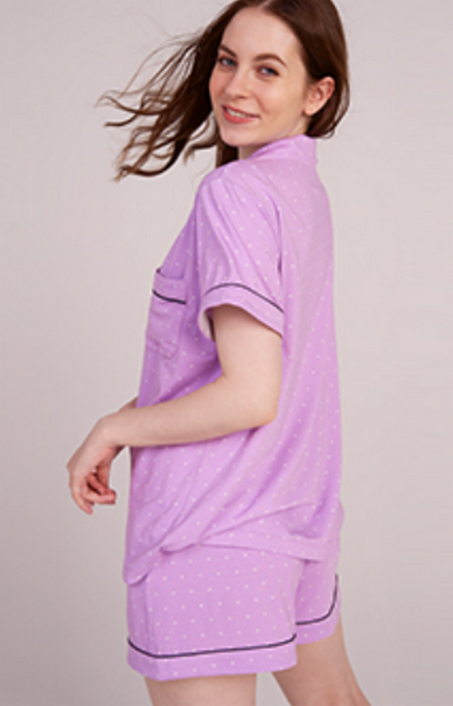 Set Pijama Damă, Bluză și Pantaloni, Croială Lejeră și Confortabilă, LAPASA, L100, violet cu buline albe [3]