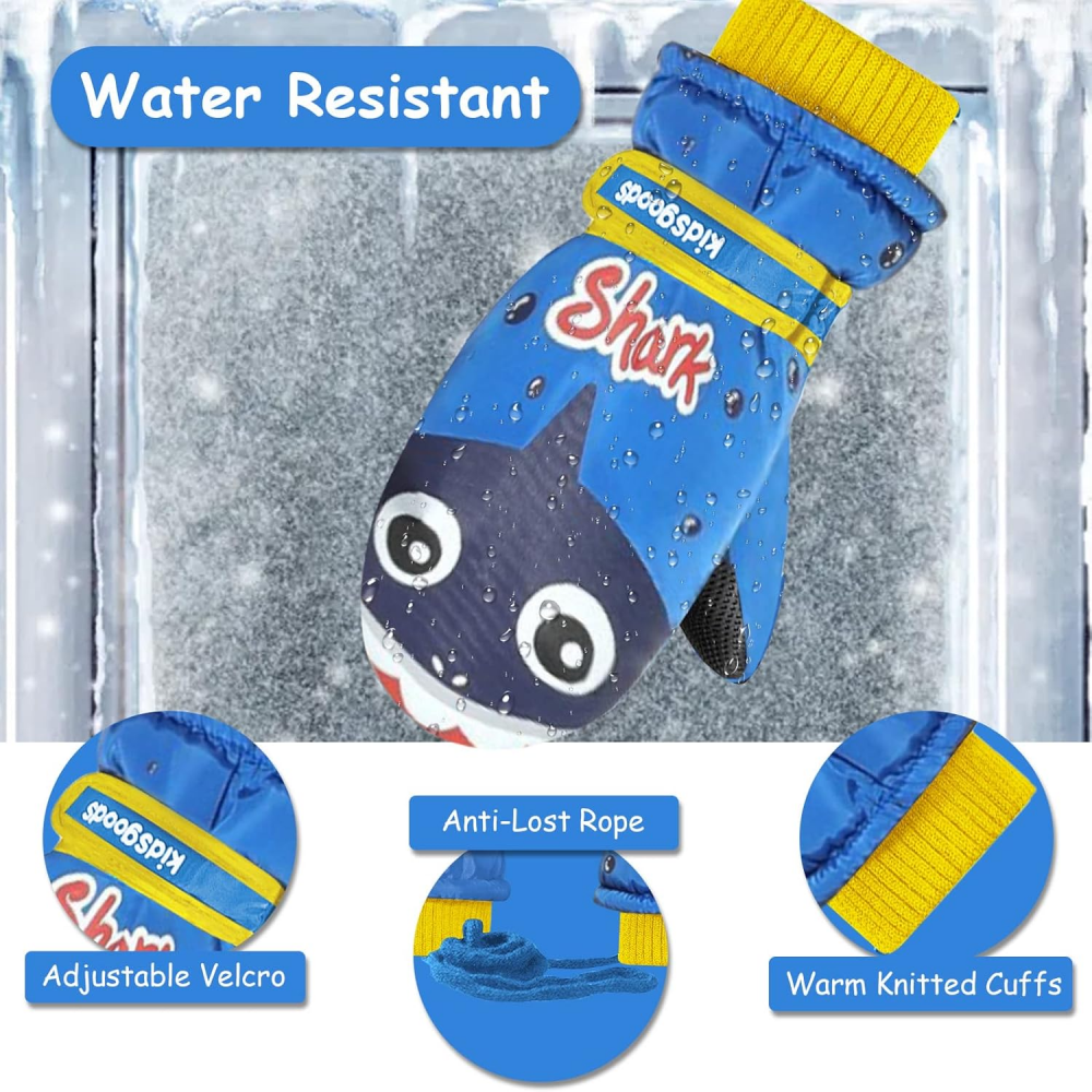 Manusi pentru copii, model cu un singur deget, manseta elastica si prindere reglabila, waterproof, imprimeu cu rechin, albastru, marime 6 – 12 ani [3]