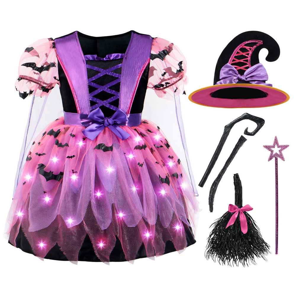 Costum de Vrajitoare Deluxe cu Palarie, Rochie cu Tutu si Bagheta Magica, Ideal pentru Halloween si Petreceri Tematice, marime M (8-10 ani) [4]