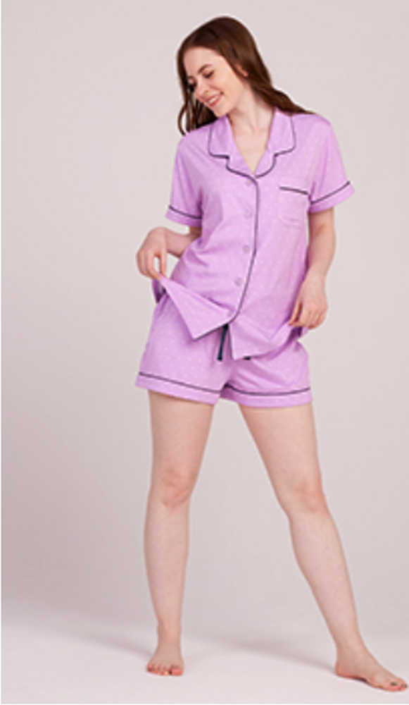 Set Pijama Damă, Bluză și Pantaloni, Croială Lejeră și Confortabilă, LAPASA, L100, violet cu buline albe [4]