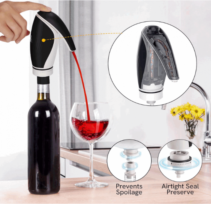 Aerator, Dispenser, Conservator si Decantor Automat Electric pentru Sticla de Vin, Profesional, portabil, EASY Making Life Simple, KD -6, reincarcabil USB, negru/alb [2]