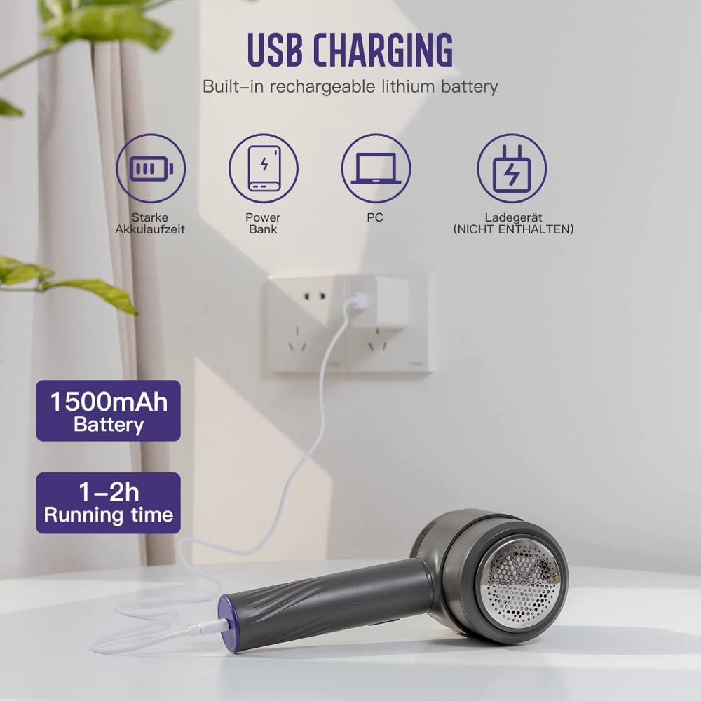 Aparat Electric de Scame Kaskawise, Negru, Reîncărcabil USB, 6 Lame din Oțel Inoxidabil, 2 Rezerve Incluse, Curățare Rapidă pentru Haine, Țesături și Textile [2]