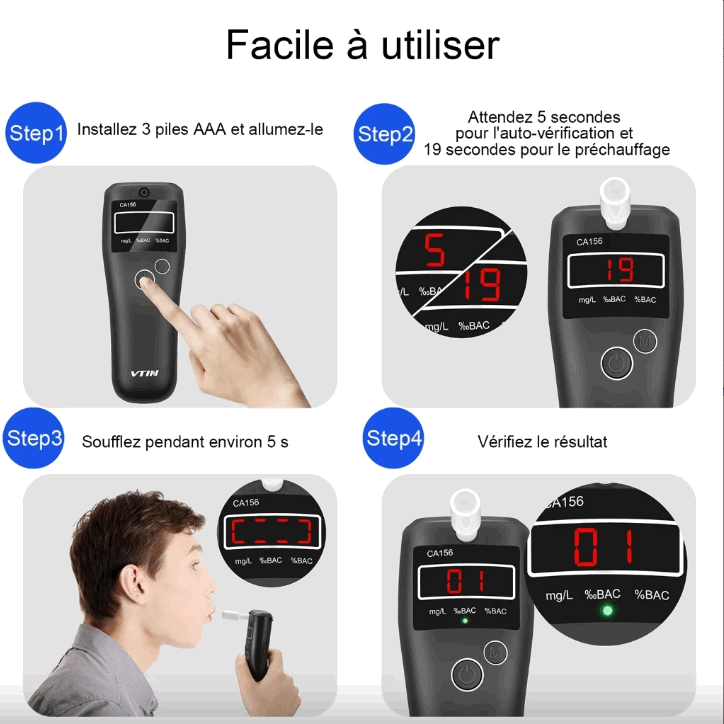 Aparat Etilotest VTIN CA156A cu 10 Mustiucuri, Calibrare Electronică Precisă, Senzor de alcool cu semiconductor, Negru [7]