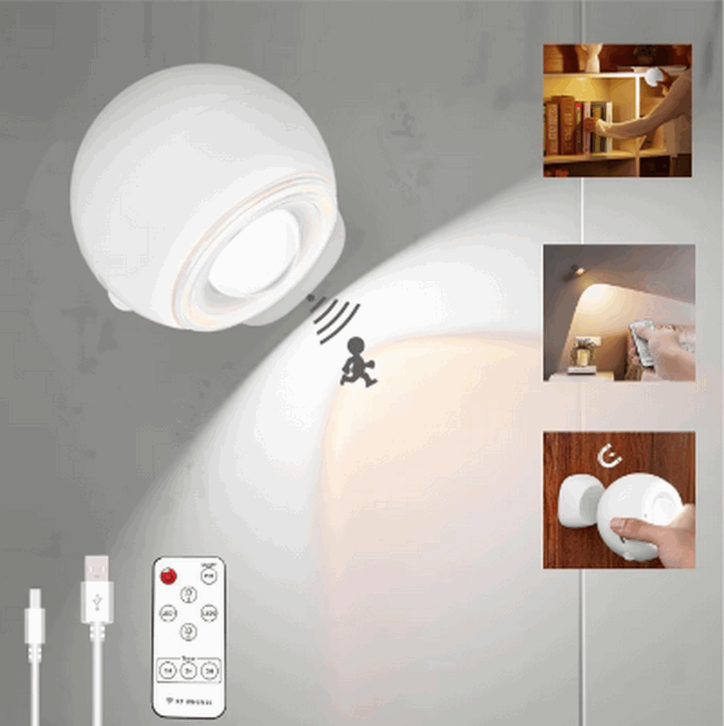 Aplica LED Jefedana cu Senzor de Mișcare, Reîncărcabilă prin Type-C, 360° Rotativă, 3 Moduri de Iluminare, Telecomanda, Montaj autoadeziv cu suport magnetic, Alb [2]