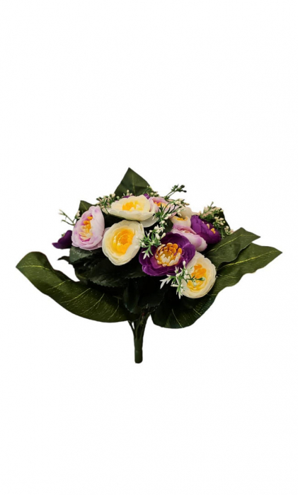 Aranjament buchet 19 flori artificiale, multicolor, rezistent UV, plastic, diametru 30 cm [4]