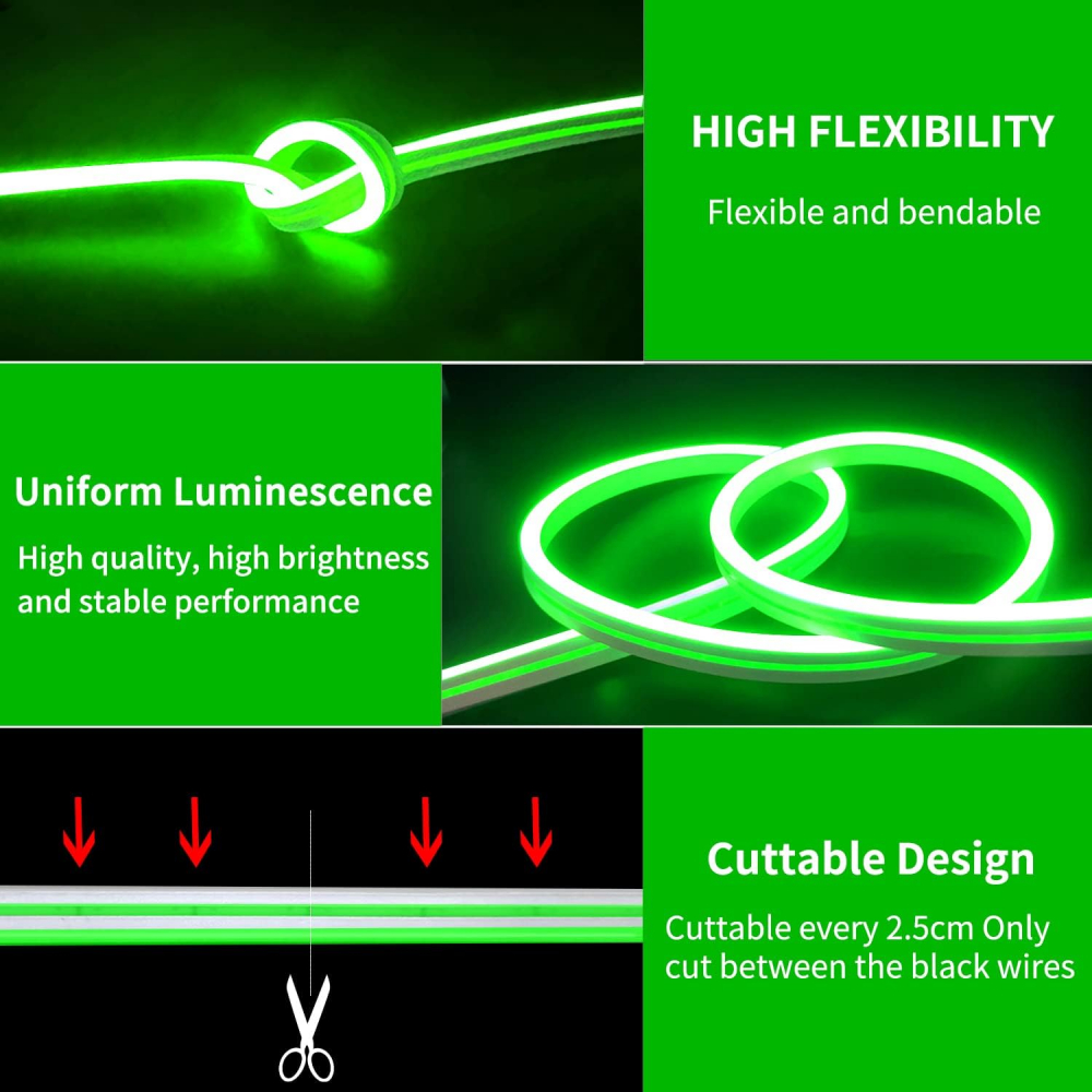 Banda LED Neon Reglabilă Segrass 5M - Flexibilă și Impermeabilă IP65, 12V, Verde [6]