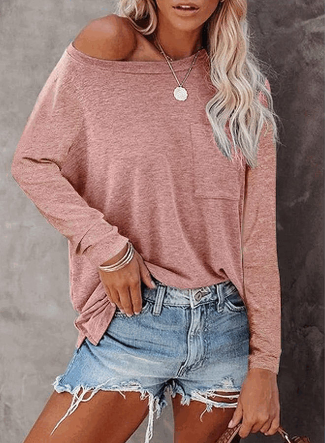 Bluza casual cu maneci lungi pentru femei, cu decolteu rotund si buzunar, FANGJIN,  marimea S, culoare roz, MJ3P [1]