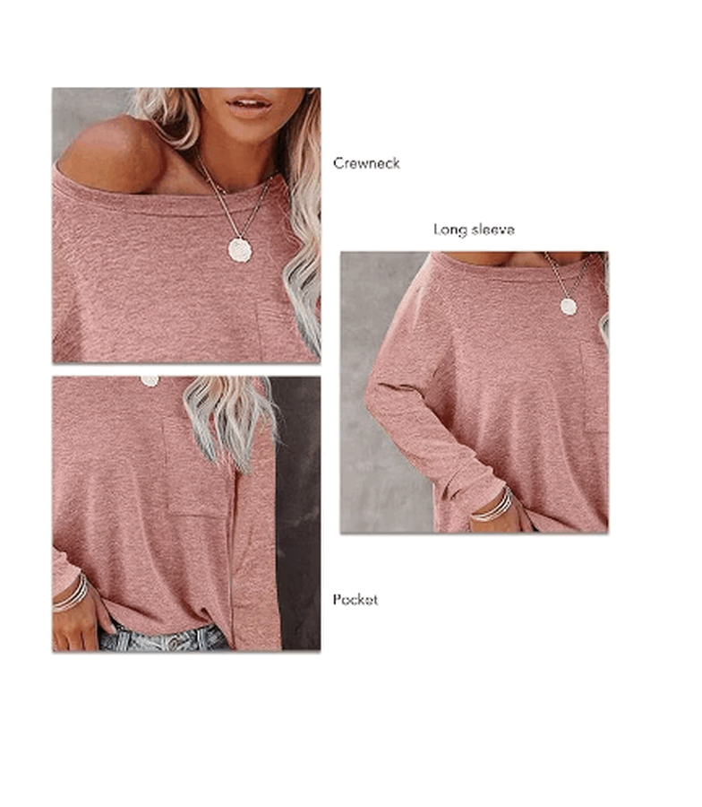 Bluza casual cu maneci lungi pentru femei, cu decolteu rotund si buzunar, FANGJIN,  marimea S, culoare roz, MJ3P [4]