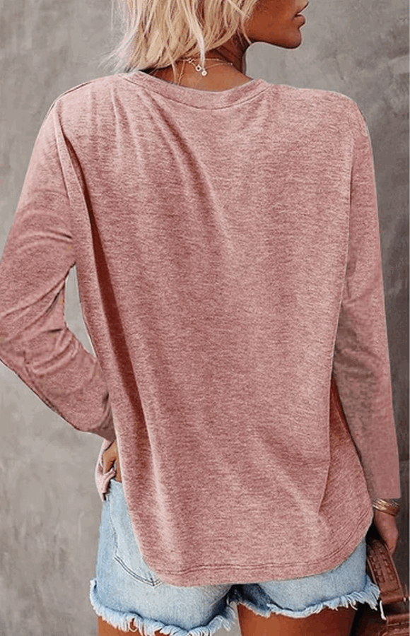 Bluza casual cu maneci lungi pentru femei, cu decolteu rotund si buzunar, FANGJIN,  marimea S, culoare roz, MJ3P [2]