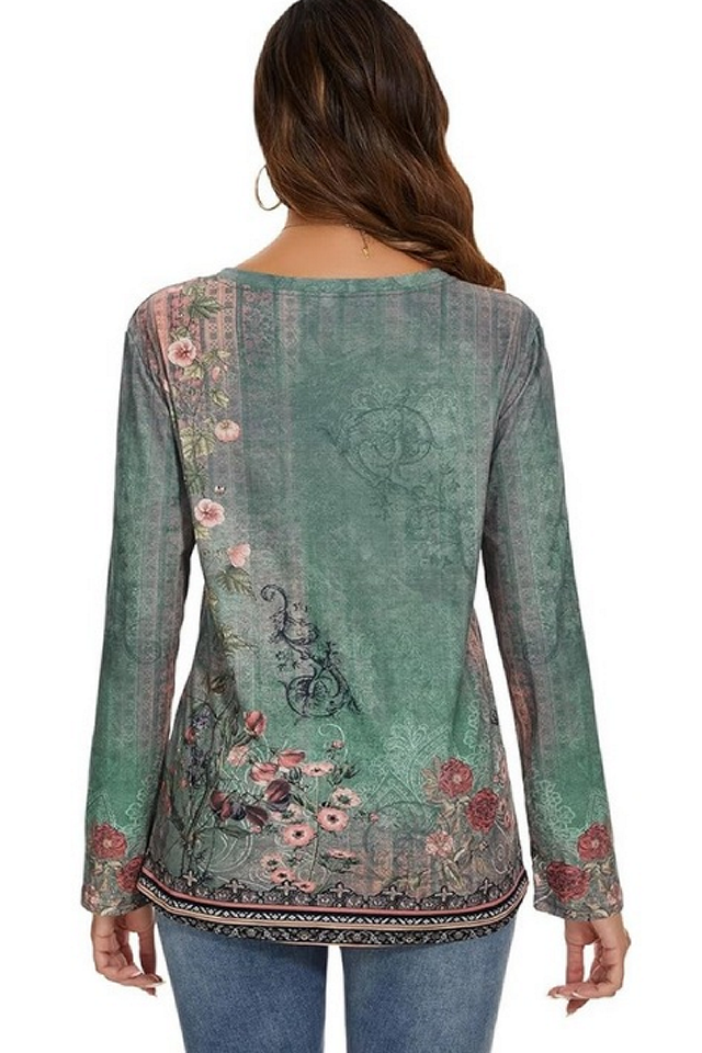 Bluza cu maneca lunga, imprimeu floral, verde, Anggrek, marime S [4]