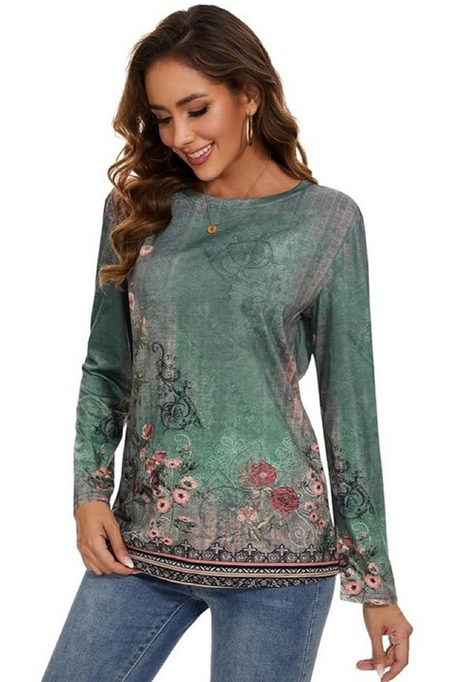 Bluza cu maneca lunga, imprimeu floral, verde, Anggrek, marime S [5]