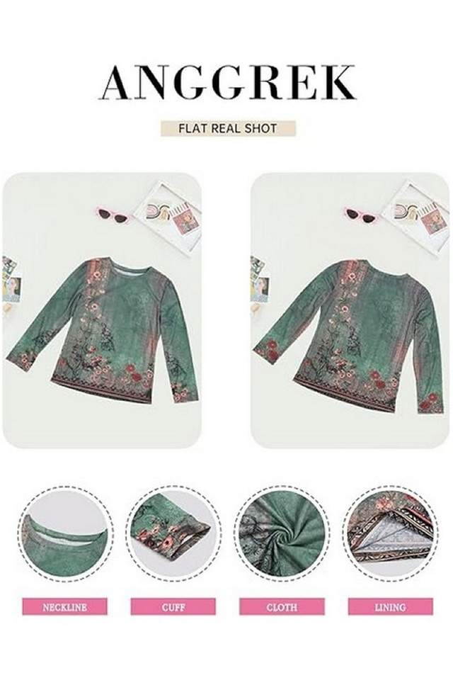 Bluza cu maneca lunga, imprimeu floral, verde, Anggrek, marime S [2]