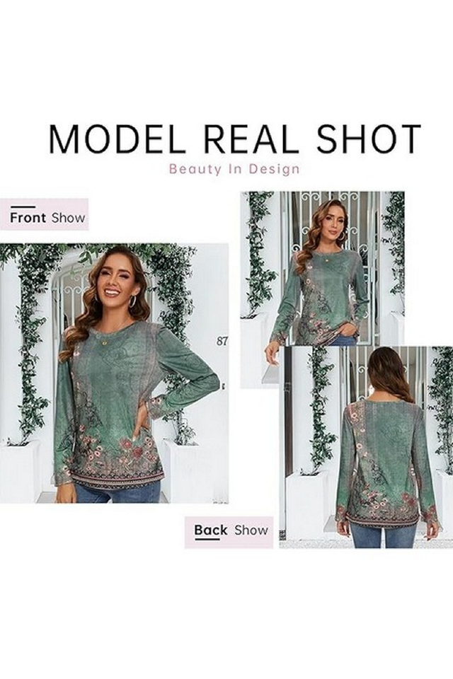 Bluza cu maneca lunga, imprimeu floral, verde, Anggrek, marime S [3]