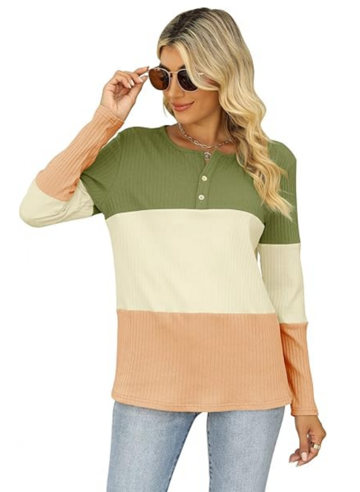 Bluza dama cu maneca lunga, model cu dungi contrastante si nasturi, stil casual, ReoRia, verde/caramiziu/alb [2]