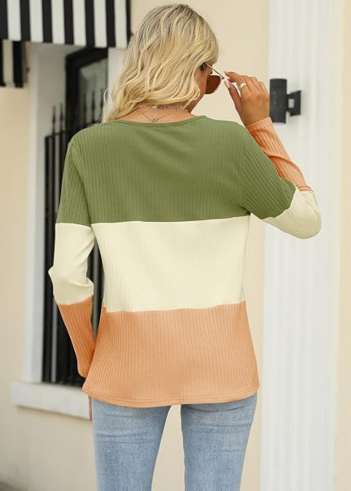Bluza dama cu maneca lunga, model cu dungi contrastante si nasturi, stil casual, ReoRia, verde/caramiziu/alb [5]