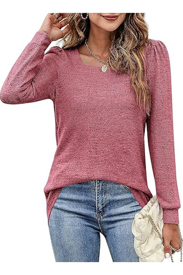 Bluză de Damă cu Mâneci Lungi, Decolteu adanc, Mâneci Bufante, Top Basic, Casual, marime L [2]