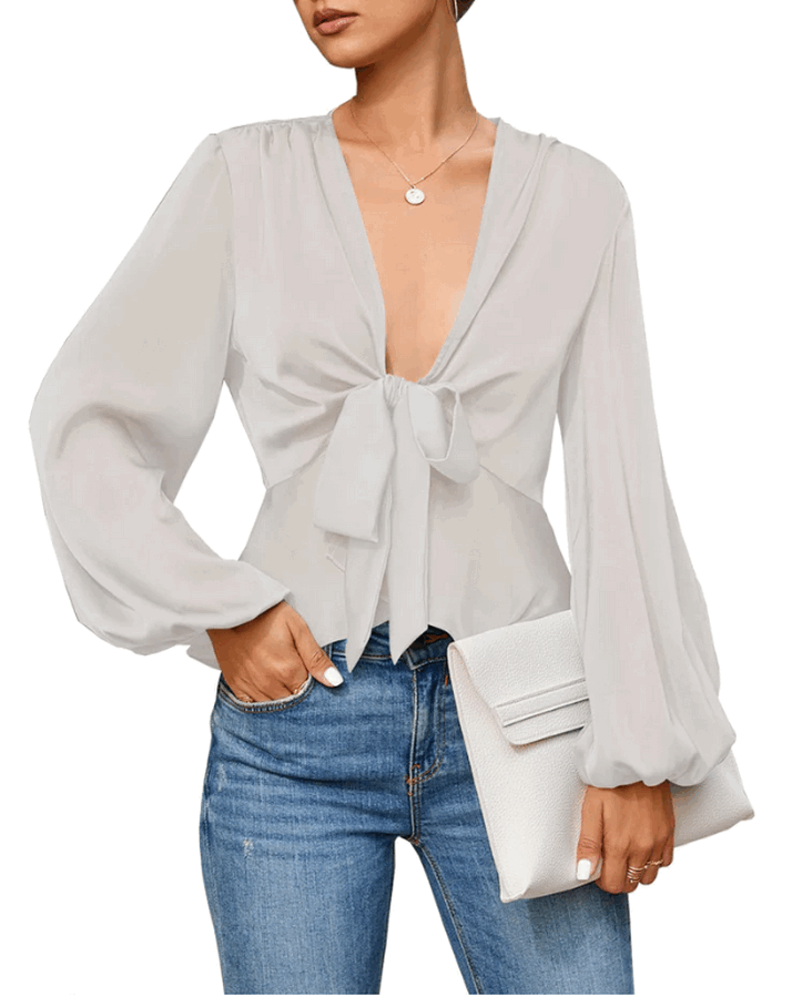 Bluză Elegantă pentru Femei cu Mâneci Lungi Bufante și Nod Frontal, V-Neck - Eurivicy, Alba [1]