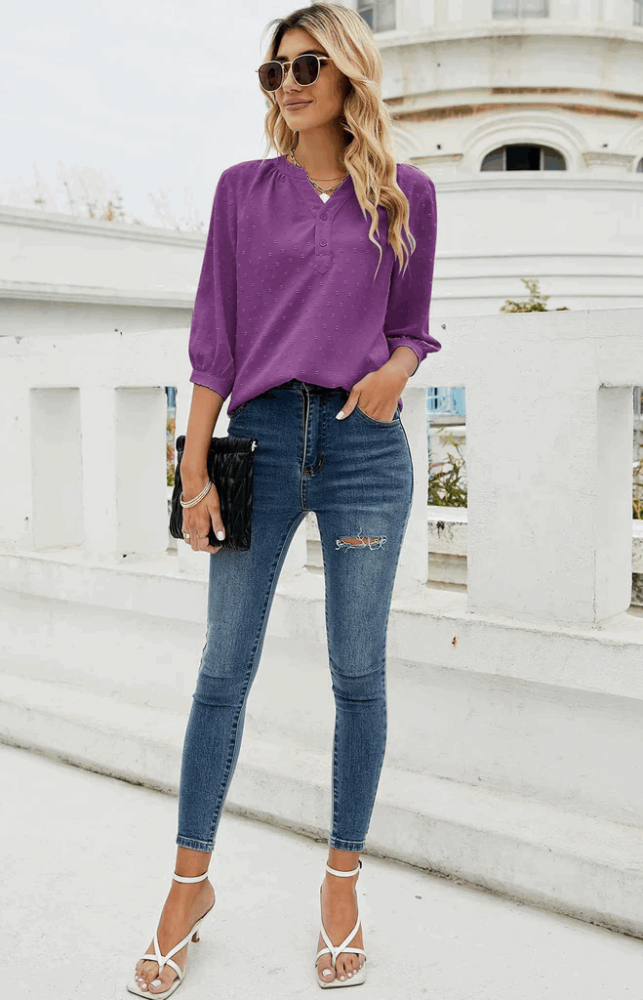 Bluza mov tip tunica cu decolteu in V, cu maneci 3/4, din sifon cu nasturi pentru dama, marime XL, Violet, Teesho [2]