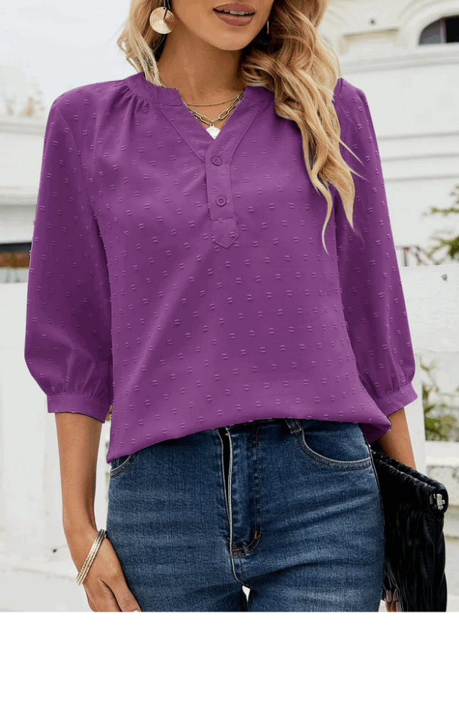 Bluza mov tip tunica cu decolteu in V, cu maneci 3/4, din sifon cu nasturi pentru dama, marime XL, Violet, Teesho [5]