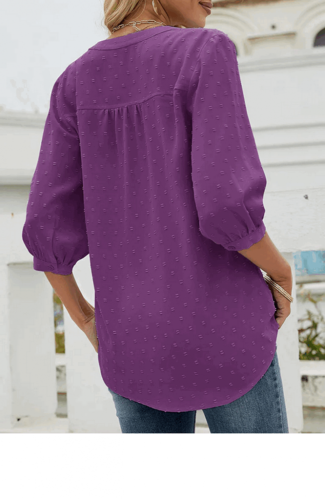 Bluza mov tip tunica cu decolteu in V, cu maneci 3/4, din sifon cu nasturi pentru dama, marime XL, Violet, Teesho [3]