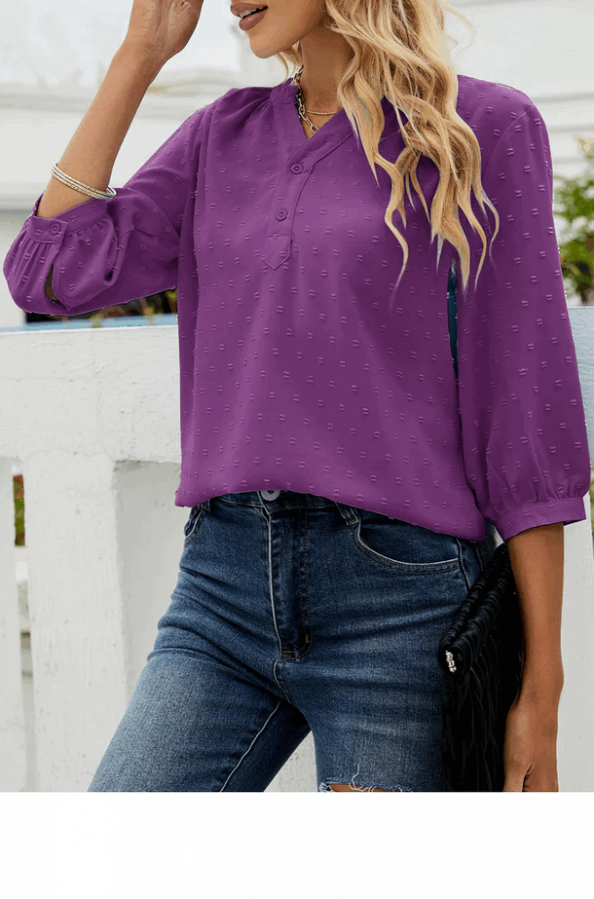 Bluza mov tip tunica cu decolteu in V, cu maneci 3/4, din sifon cu nasturi pentru dama, marime XL, Violet, Teesho [4]