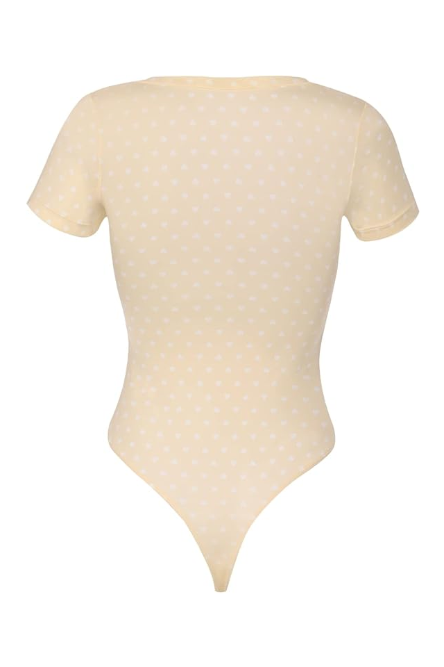 Body cu Maneca Scurta pentru Femei, Decolteu Patrat, Jumpsuit Elegant Tip Tanga, RoomTour, bej cu inimioare [2]