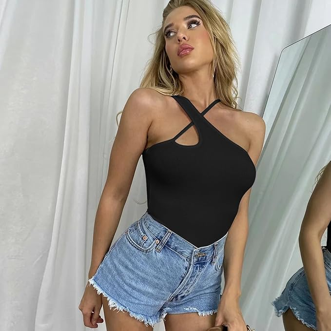 Body Dama Negru cu Bretele Încrucișate, Model Asimetric fără Mâneci, Slim Fit, Material Elastic cu Textură Ripsată, Mărimea XL [6]