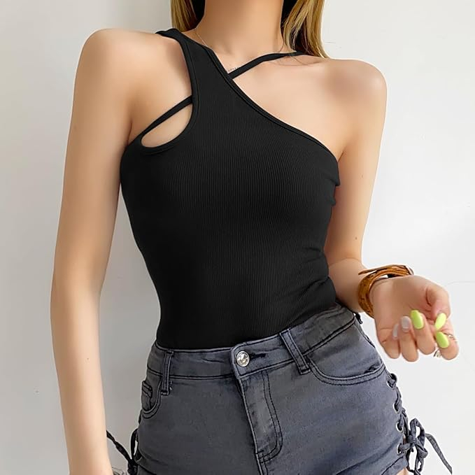 Body Dama Negru cu Bretele Încrucișate, Model Asimetric fără Mâneci, Slim Fit, Material Elastic cu Textură Ripsată, Mărimea XL [4]