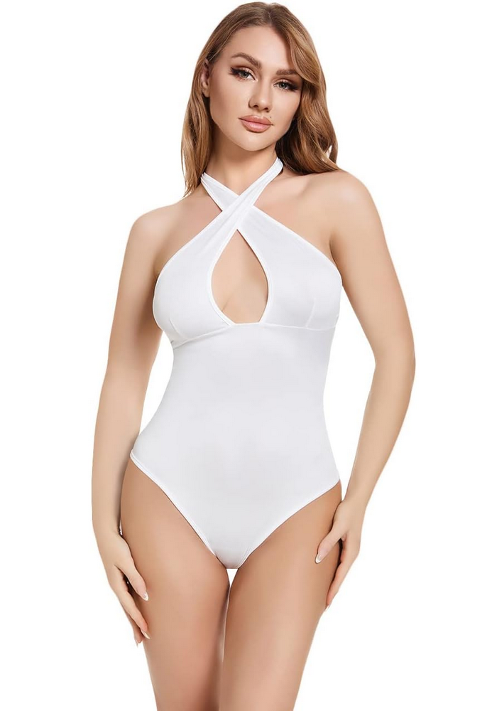 Body Damă Sexy cu Guler Halter Încrucișat, Fără Mâneci, alb, marime XL [1]