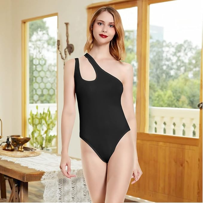 Body Dama Asimetric din Material Elastic, Model Cu Umăr Gol, Decolteu Elegant, Moale și Confortabil, Negru [5]