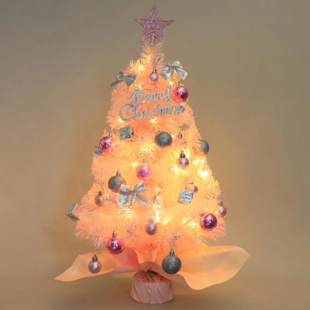Bradut Craciun roz 60 cm de Birou, cu instalatie LED, Globuri si decoratiuni si Suport de lemn [5]