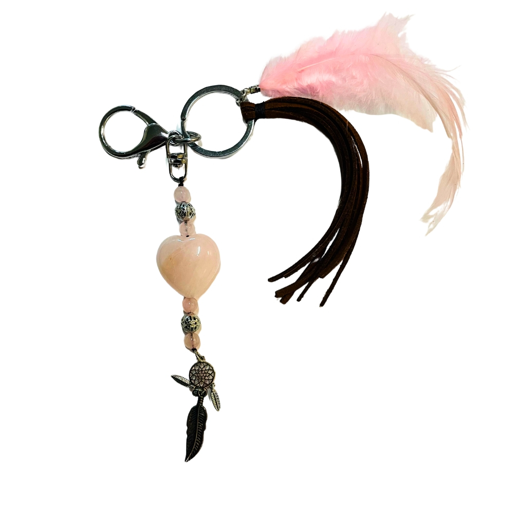 Breloc Inima Rose Quartz cu Pandantive, Pana Roz si Franjuri Piele, CrystalTears [1]