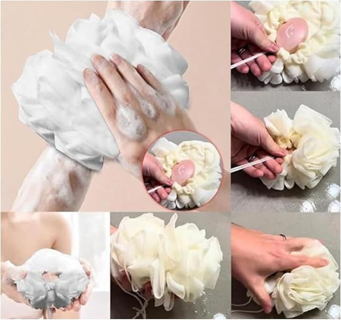 Burete de Baie 2 în 1, Alb, Exfoliere Delicată si Compartiment pentru Săpun [5]