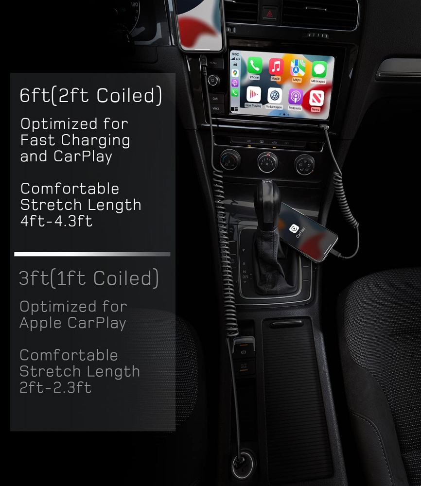 Cablu Spiralat USB-C, Lightning 1.8 m, Apple MFi Certificat & Compatibil CarPlay, Cablu Retractabil iPhone pentru Încărcare Rapidă și Navigație Auto, Marca Dé, Negru [3]
