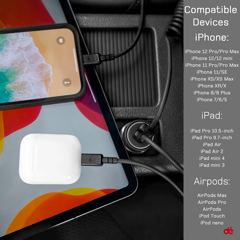 Cablu Spiralat USB-C, Lightning 1.8 m, Apple MFi Certificat & Compatibil CarPlay, Cablu Retractabil iPhone pentru Încărcare Rapidă și Navigație Auto, Marca Dé, Negru [5]