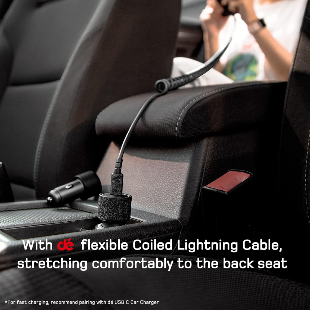 Cablu Spiralat USB-C, Lightning 1.8 m, Apple MFi Certificat & Compatibil CarPlay, Cablu Retractabil iPhone pentru Încărcare Rapidă și Navigație Auto, Marca Dé, Negru [4]
